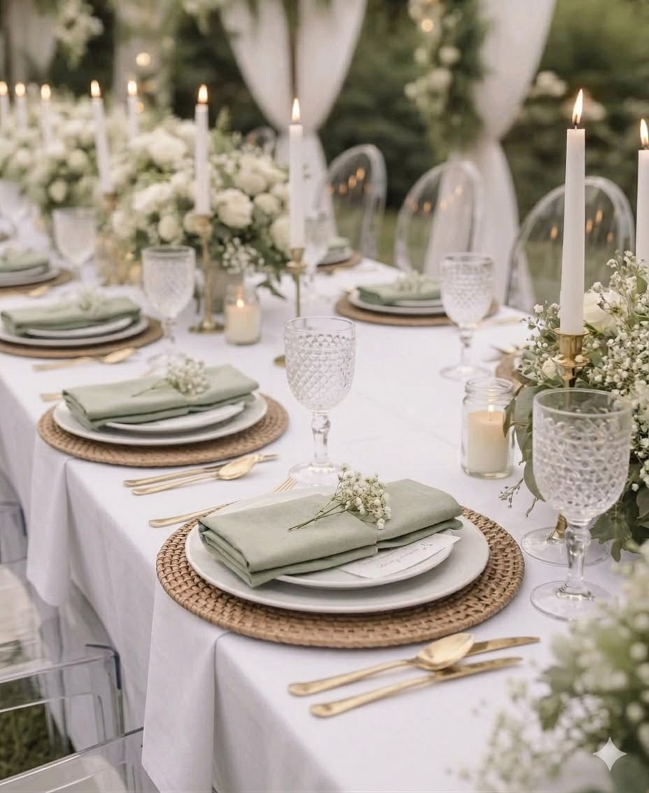 Table de mariage dressée avec bougies, roses blanches et serviettes vert sauge
